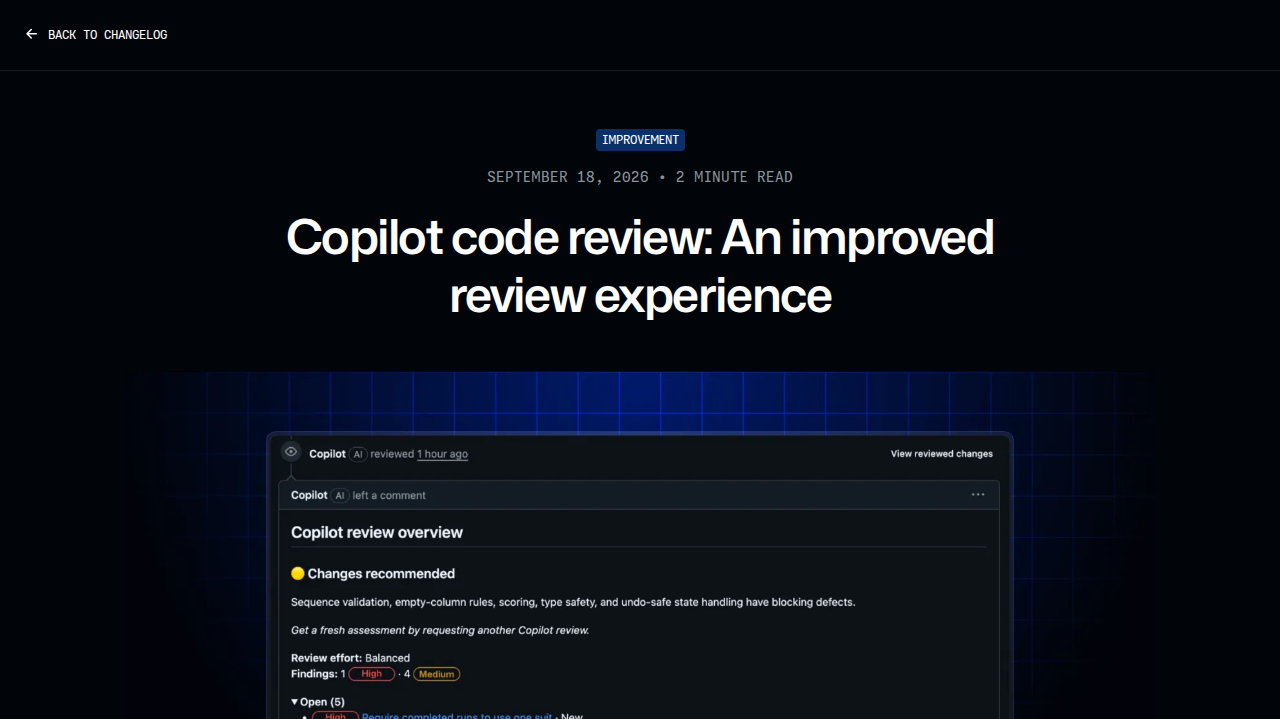 「Copilot code review: An improved review experience (GitHub Changelog)」 문서 화면