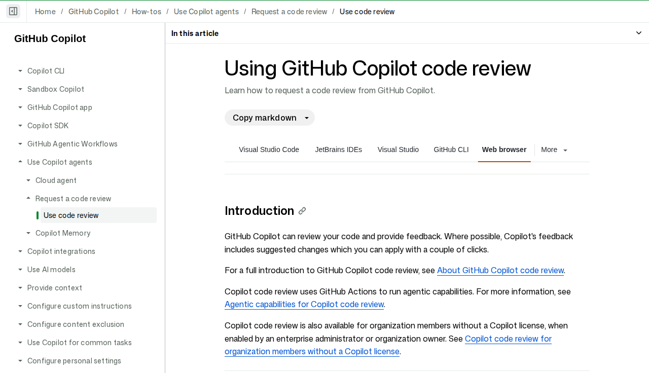 「Using GitHub Copilot code review (GitHub Docs)」 문서 화면