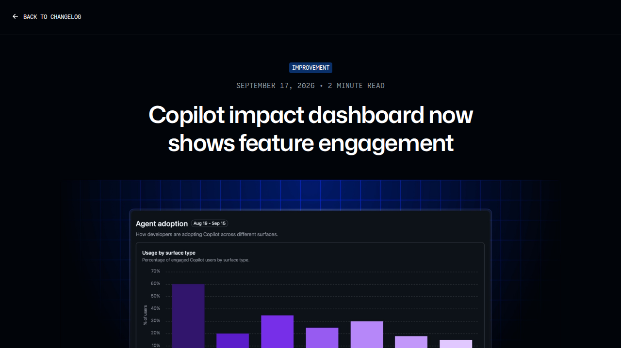 「Copilot impact dashboard now shows feature engagement (GitHub Changelog)」 문서 화면