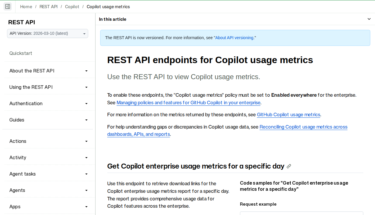 「REST API endpoints for Copilot usage metrics (GitHub Docs)」 문서 화면