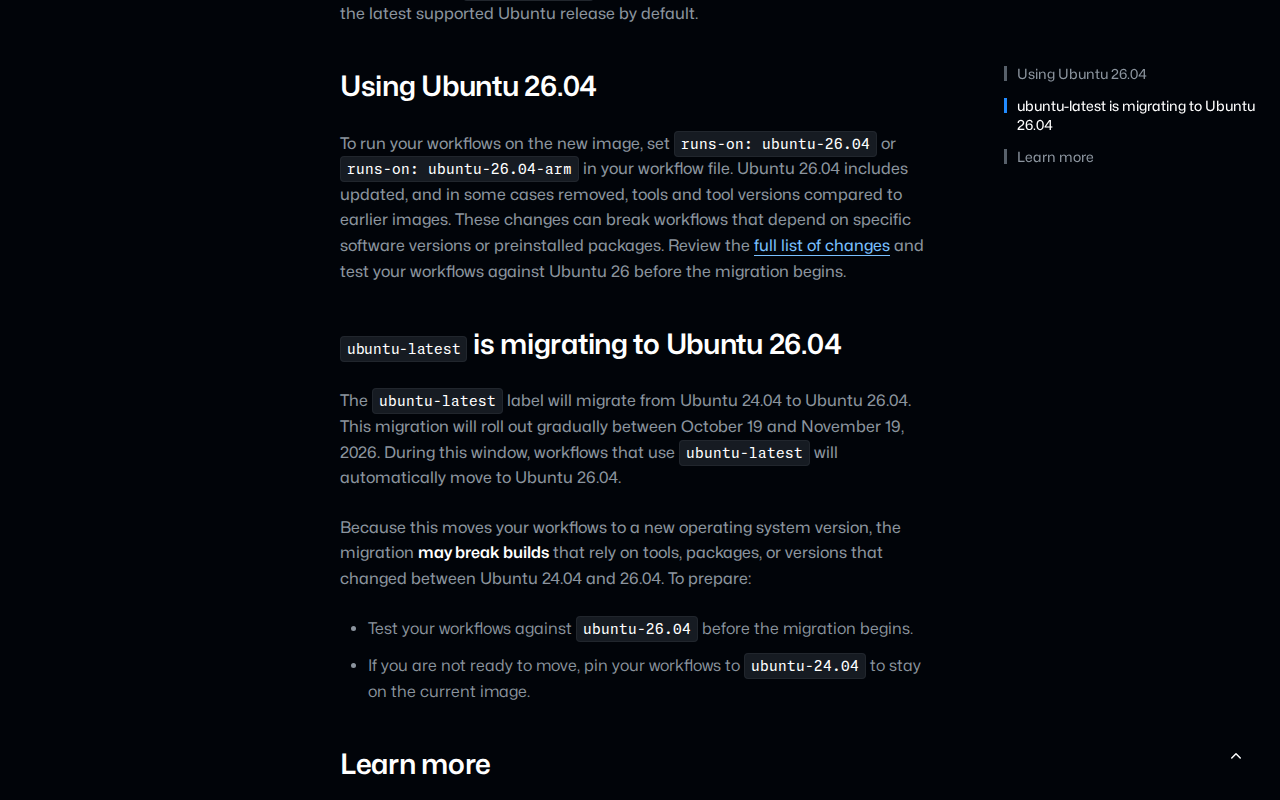 「Ubuntu 26 generally available and latest migration (GitHub Changelog)」 문서 화면