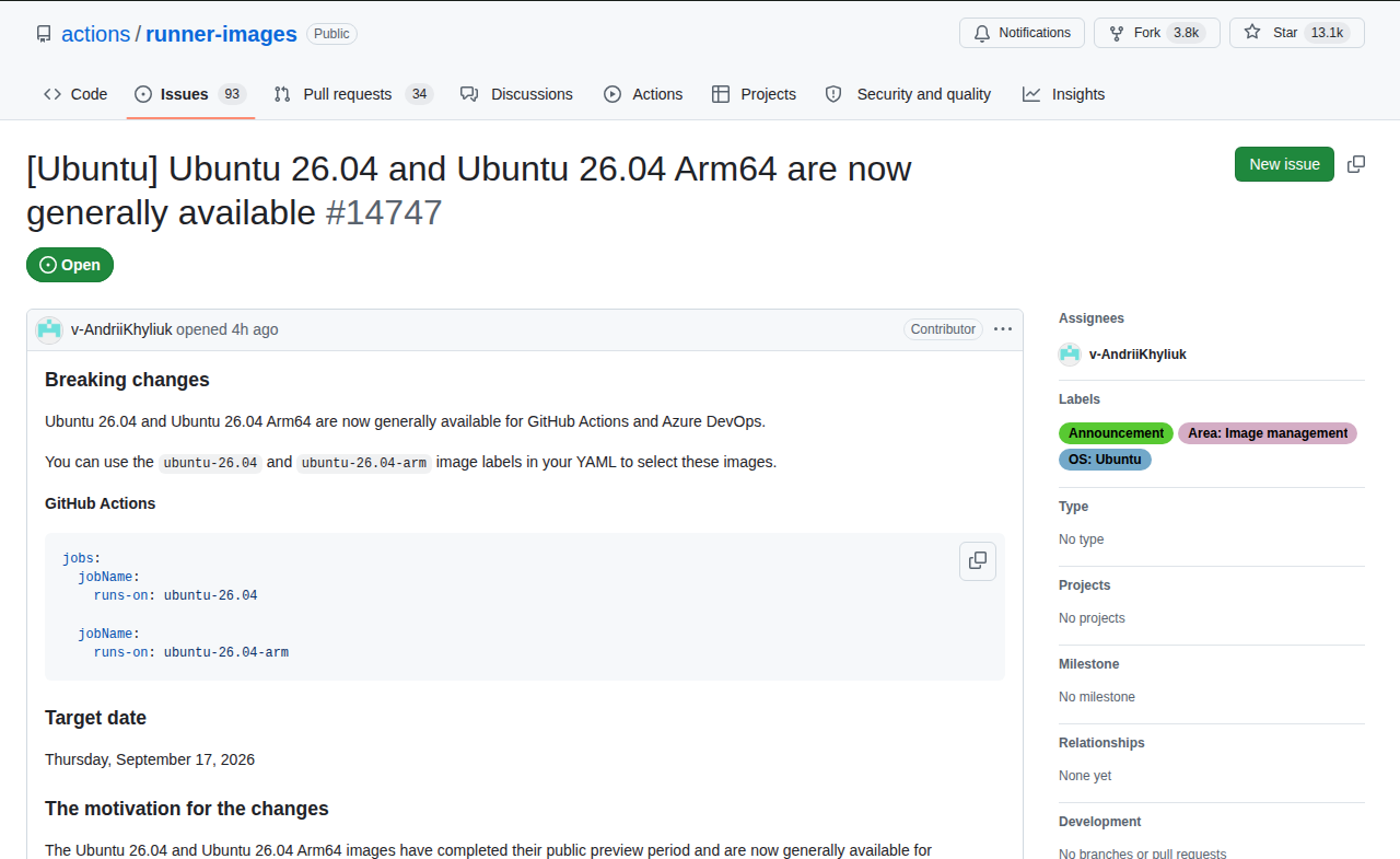 「Ubuntu 26.04 x64·Arm64 이미지 정식 지원 공지 (actions/runner-images #14747)」 문서 화면