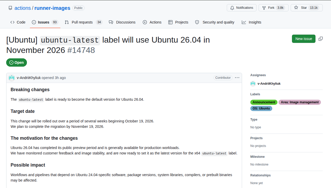 「ubuntu-latest 라벨의 26.04 이전 일정 공지 (actions/runner-images #14748)」 문서 화면