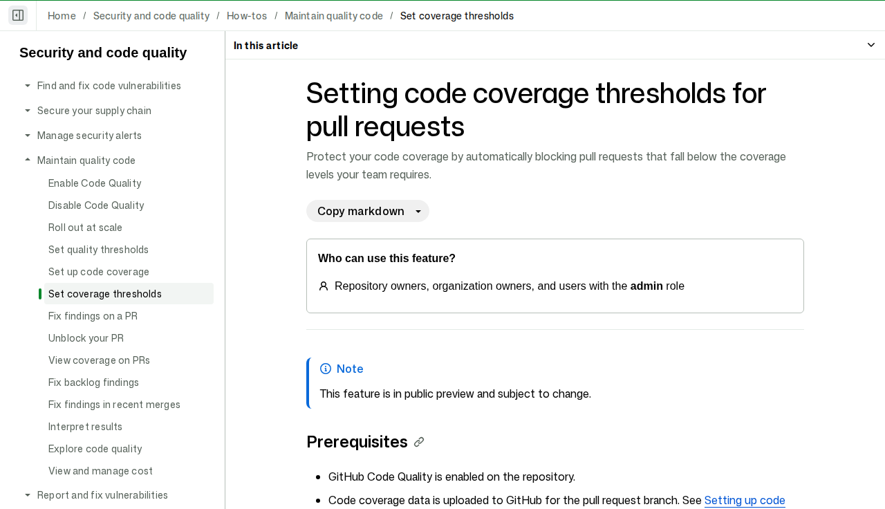 「Setting code coverage thresholds for pull requests (GitHub Docs)」 문서 화면