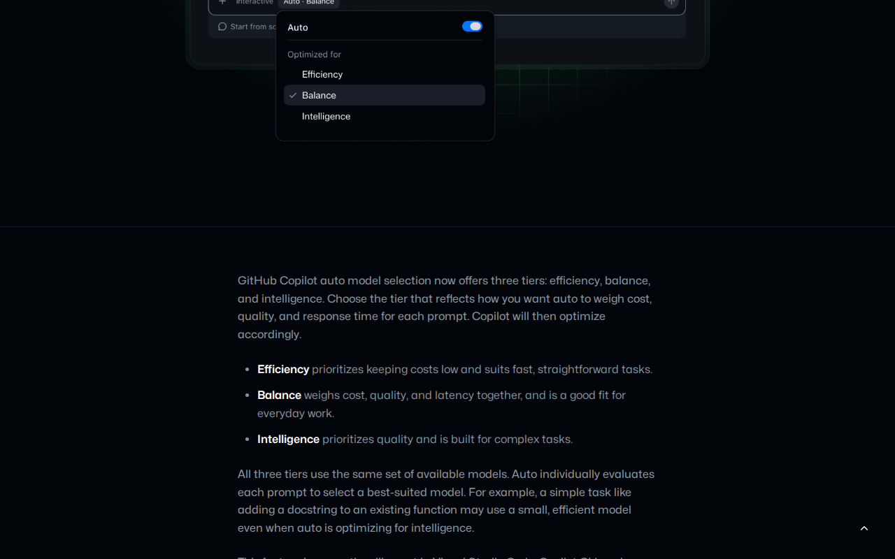 「Configure cost and quality in Copilot auto model selection (GitHub Changelog)」 문서 화면