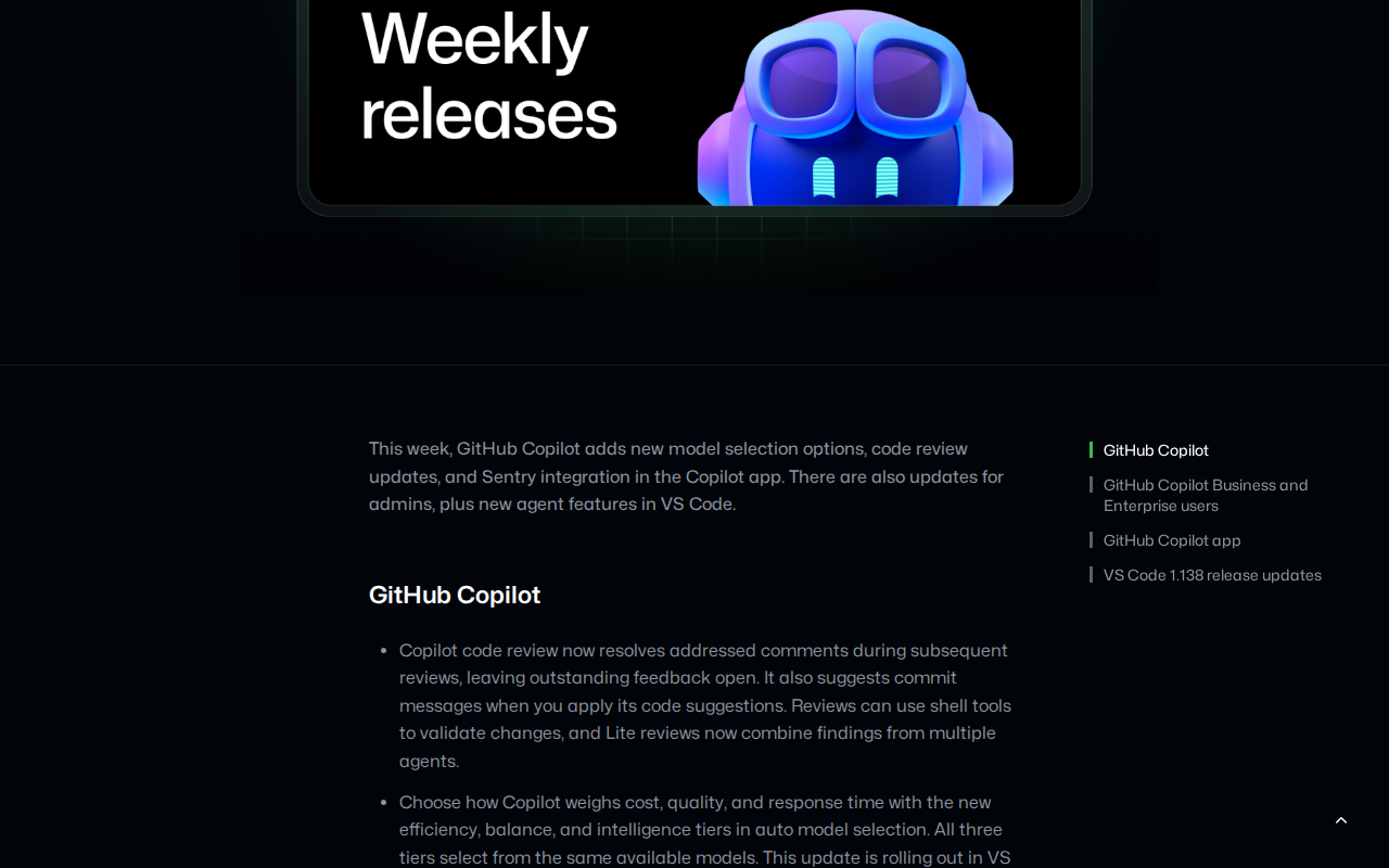 「GitHub Copilot weekly releases, September 14 (GitHub Changelog)」 문서 화면