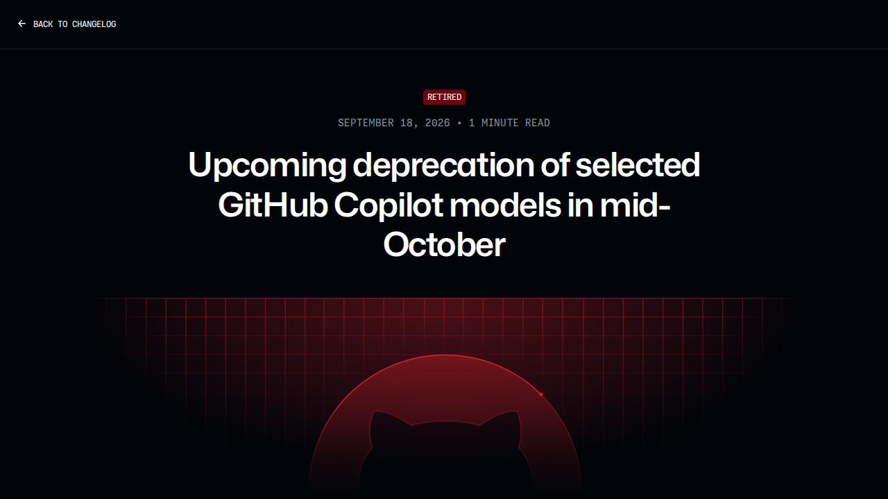 「Upcoming deprecation of selected GitHub Copilot models in mid-October」 문서 화면