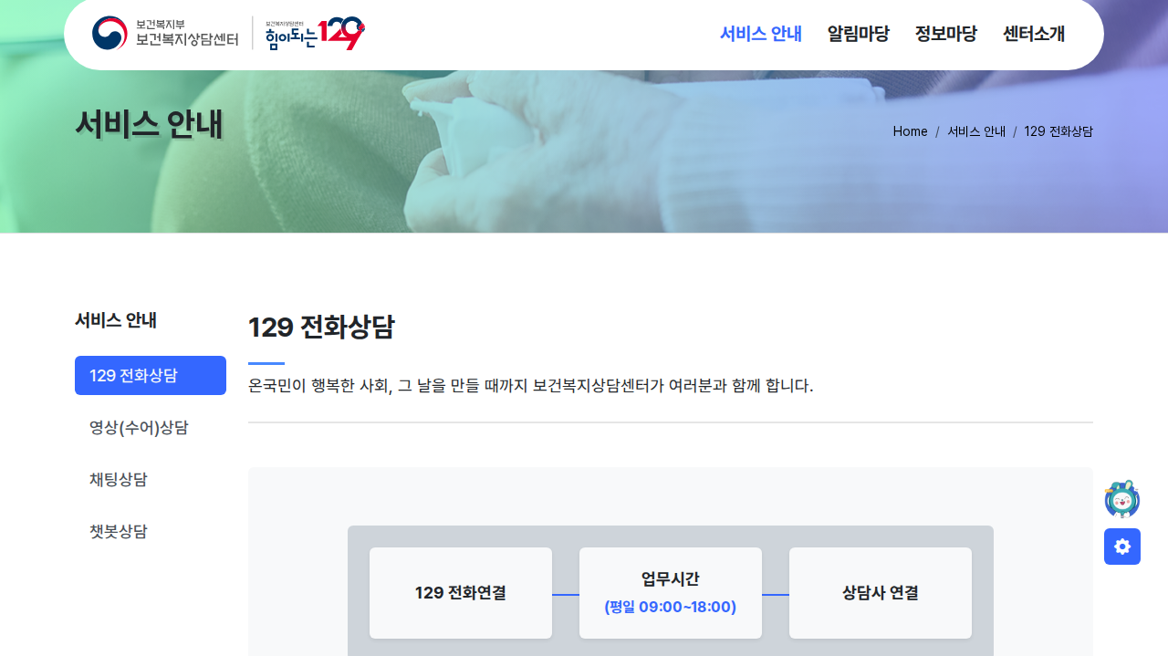 「129 전화상담 안내 (보건복지상담센터)」 문서 화면