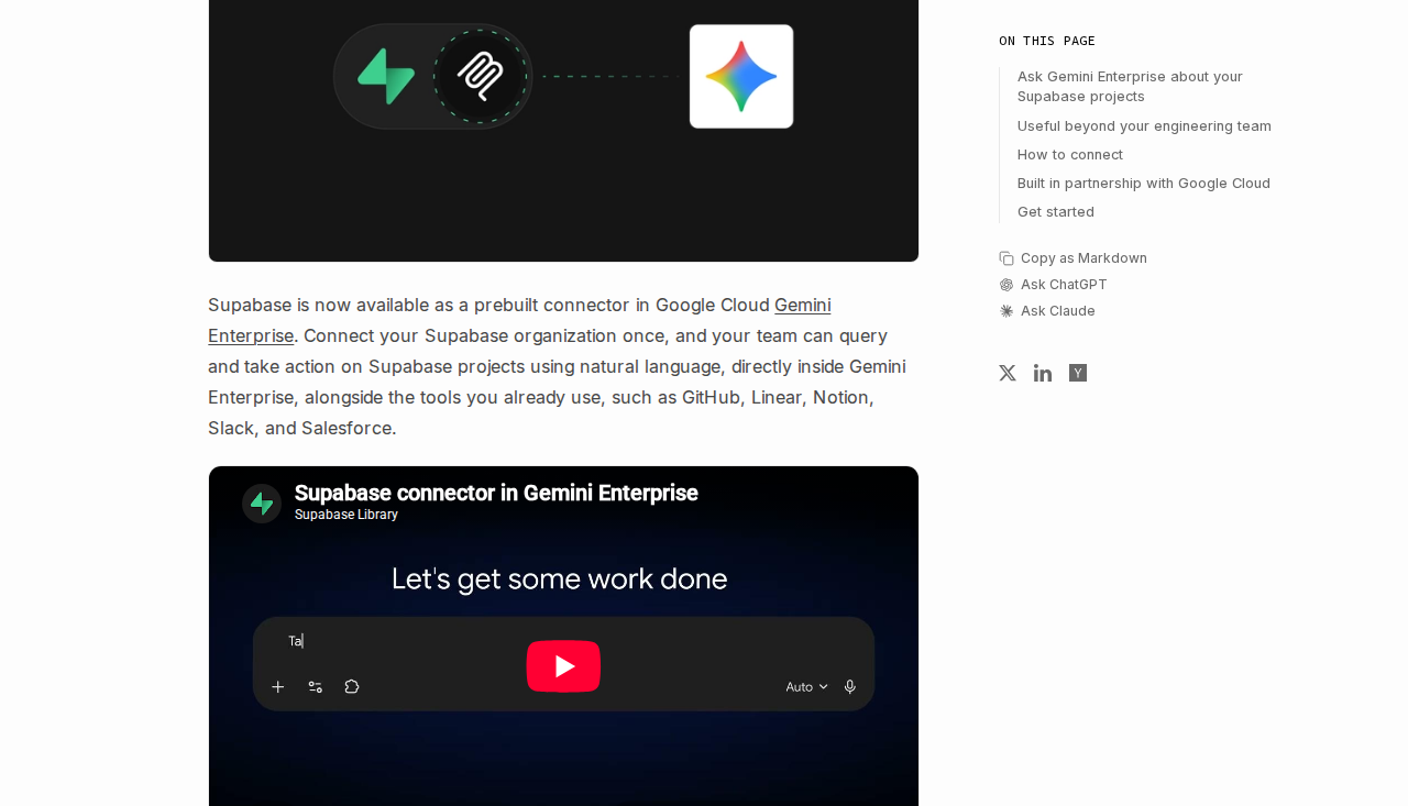 「Supabase is now available in Gemini Enterprise (Supabase Blog)」 문서 화면